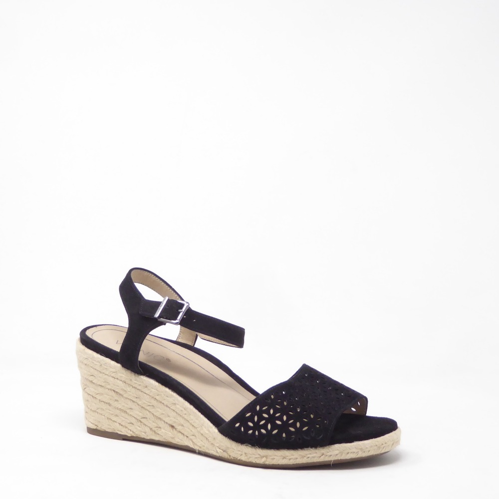 Vionic Women Ariel Espadrille Wedge Sandals Black Suede Laser Cut 11